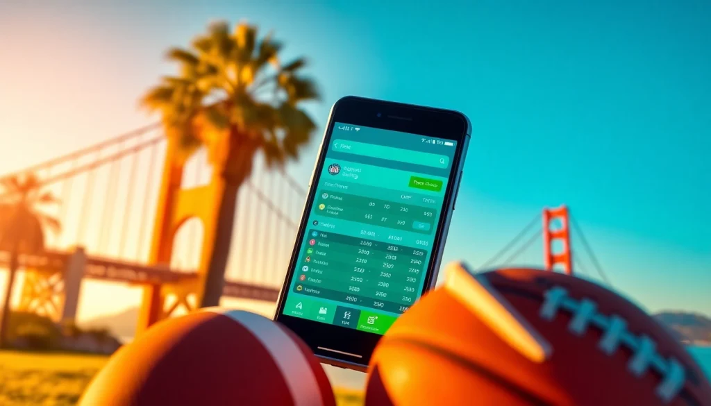Engaging scene showing online sports betting California app interface on a smartphone with iconic landmarks.