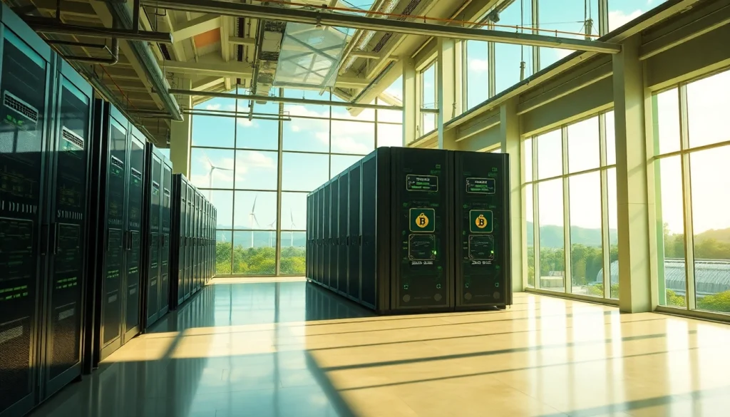 Visual representation of bitcoin cloud mining showcasing renewable energy technologies and modern AI infrastructure.