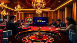 Experience the excitement of uu88 com at a vibrant casino scene featuring roulette and eager players.