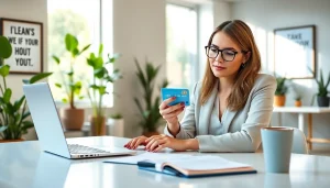 카드현금화에 대한 분석을 하는 여성의 모습과 현대적인 사무공간
