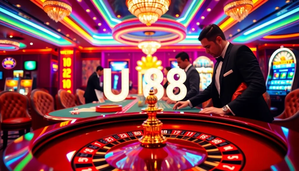 Experience the thrill of gambling at UU88 casino with poker chips and roulette.