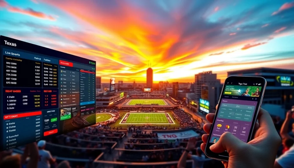 Engaging digital display of online sports betting Texas with vibrant graphics and city backdrop.