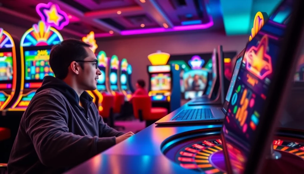 Engaged player exploring thrilling games in Canada casinos online with vibrant digital graphics.