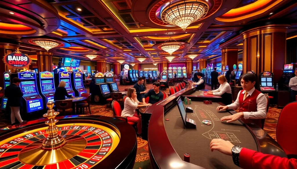 Experience the excitement of Babu88 Casino with vibrant gaming tables and slot machines.
