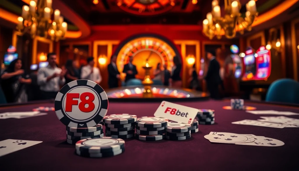 Gambling excitement at F8bet casino with poker chips and roulette wheels in vibrant atmosphere.