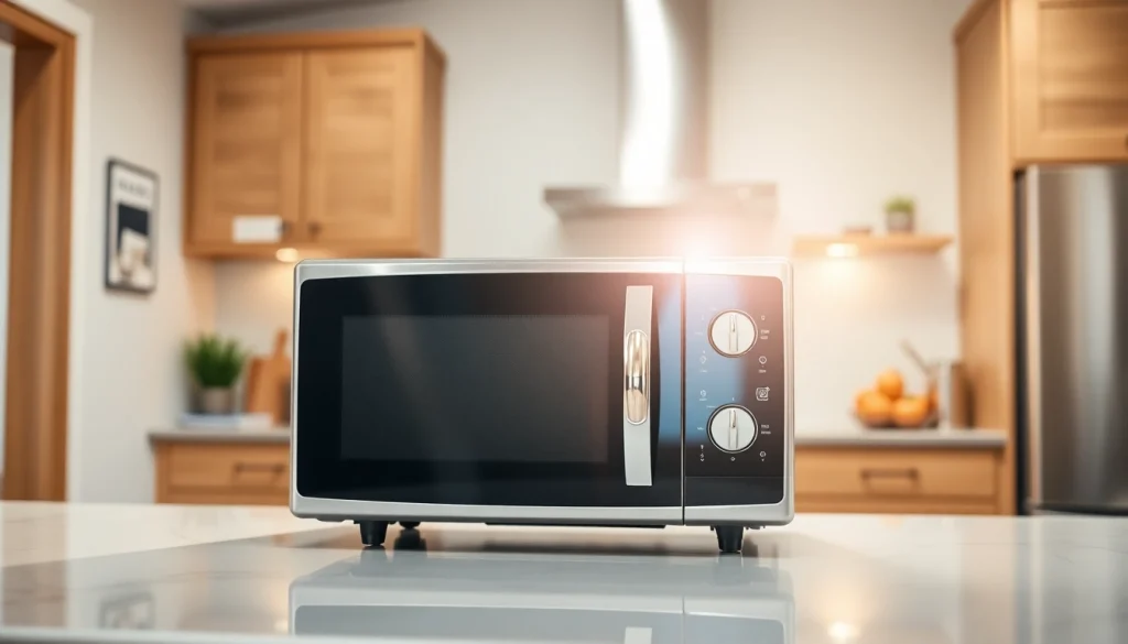 Showcase of an affordable microwave oven on a modern countertop, emphasizing style and functionality.