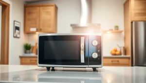 Showcase of an affordable microwave oven on a modern countertop, emphasizing style and functionality.