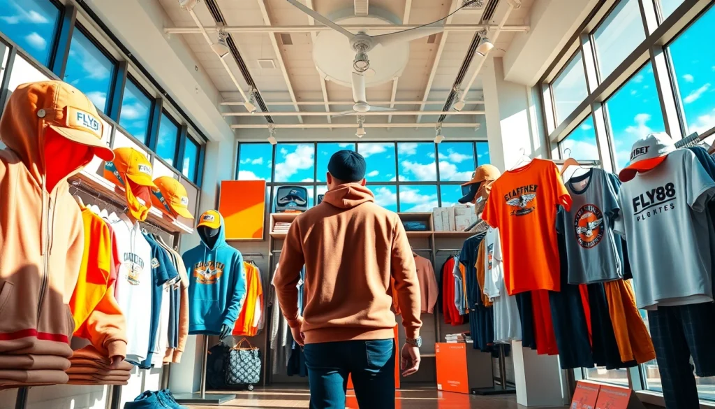 FLY88 aviation-inspired apparel display in a stylish store showcasing trendy clothes and accessories.