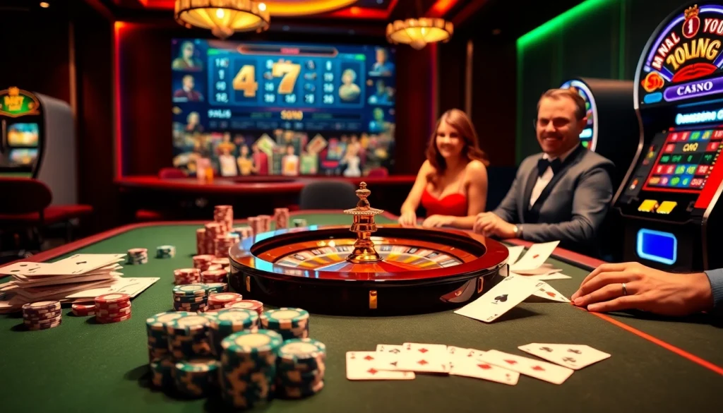 Thrilling casino scene featuring poker and roulette, showcasing the excitement of https://f168.today/ gaming experiences.