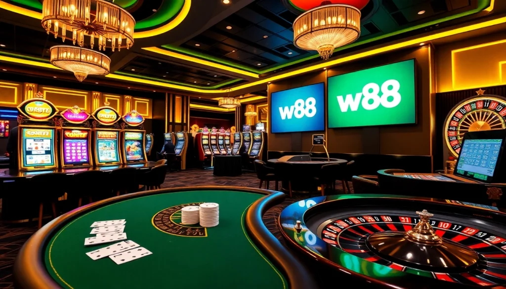 Experience the thrill of the w88 link in a vibrant casino scene with poker tables and slot machines.