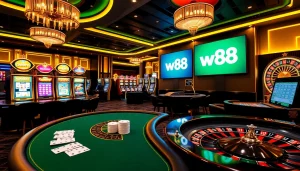 Experience the thrill of the w88 link in a vibrant casino scene with poker tables and slot machines.