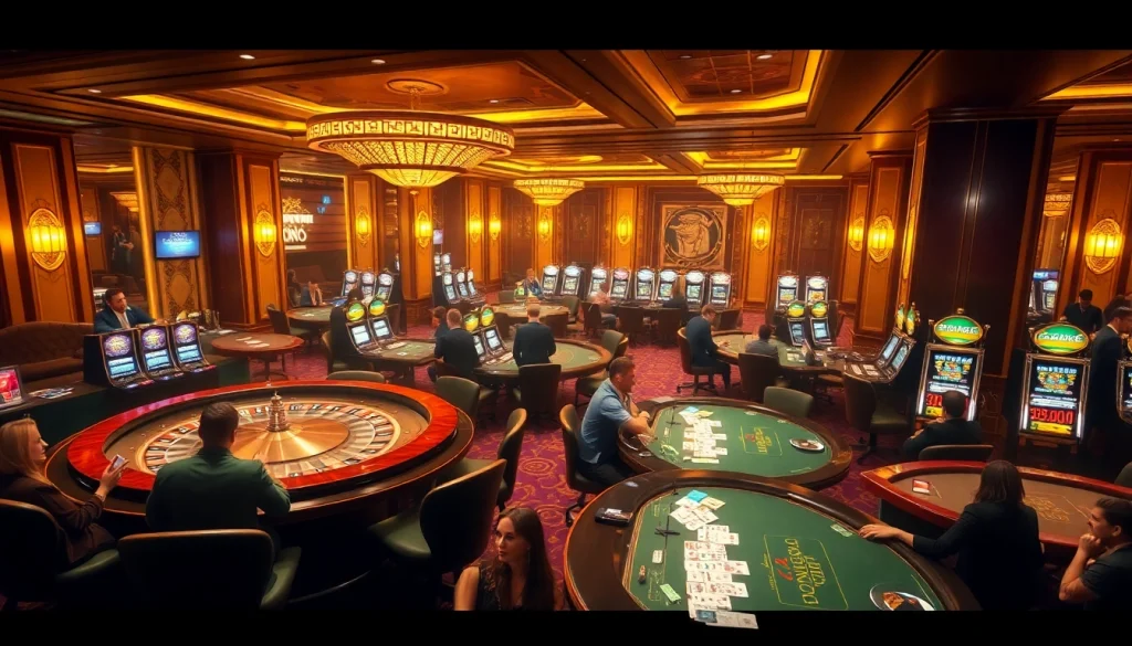 Enjoy a thrilling GO8 casino experience with players engaged at poker and roulette tables.