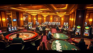 Enjoy a thrilling GO8 casino experience with players engaged at poker and roulette tables.