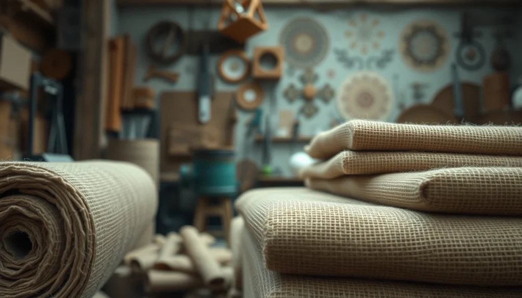Jute stofrollen tonen het unieke textuur van jute in een natuurlijk verlichte werkruimte.