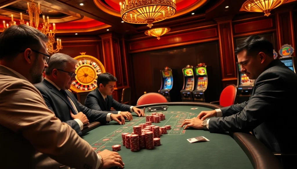 Experience thrilling poker action at https://www.ph22255.com/ with poker chips and an elegant casino backdrop.