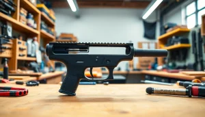 Showcasing the polymer80 glock 19 pf940c complete kit on a workbench with tools highlighting its quality and craftsmanship.