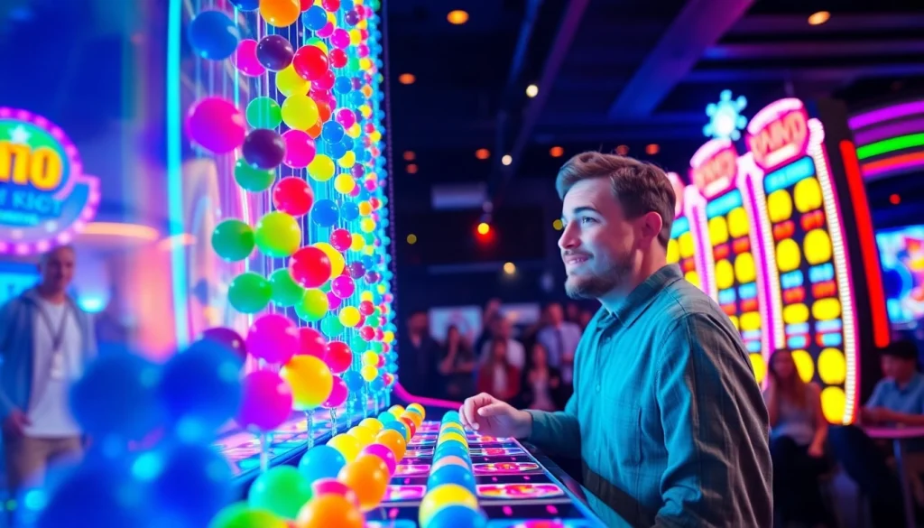 Permainan slot plinko yang penuh warna dengan bola jatuh di papan Plinko yang berkilau.