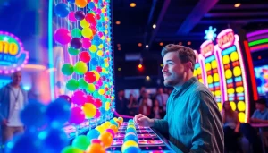 Permainan slot plinko yang penuh warna dengan bola jatuh di papan Plinko yang berkilau.