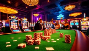 IDNSlot game scene with vibrant slot machines and celebrating players in a luxurious casino.