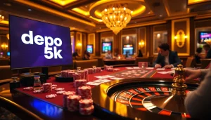 Experience thrilling casino action with depo 5k on vibrant gaming tables filled with poker chips.