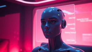 Engaging NSFW AI chat interface featuring a humanoid AI character in a warm, inviting virtual room.