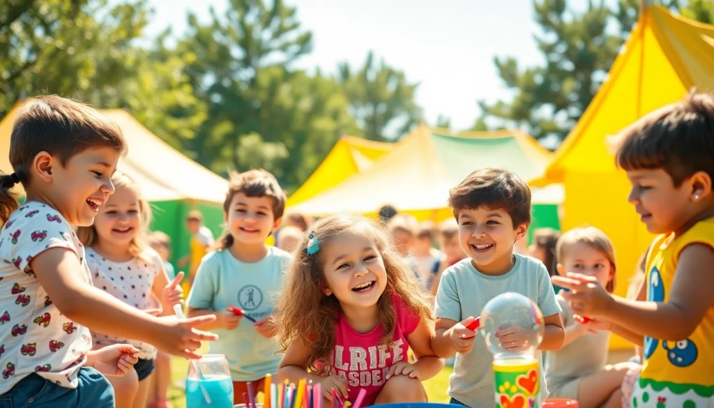 Children enjoying holiday camps activities like sports and crafts at a sunny outdoor setting.