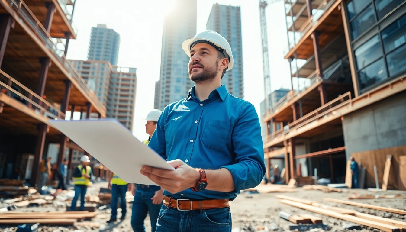 Manhattan General Contractor supervising a construction site with workers and skyscrapers.