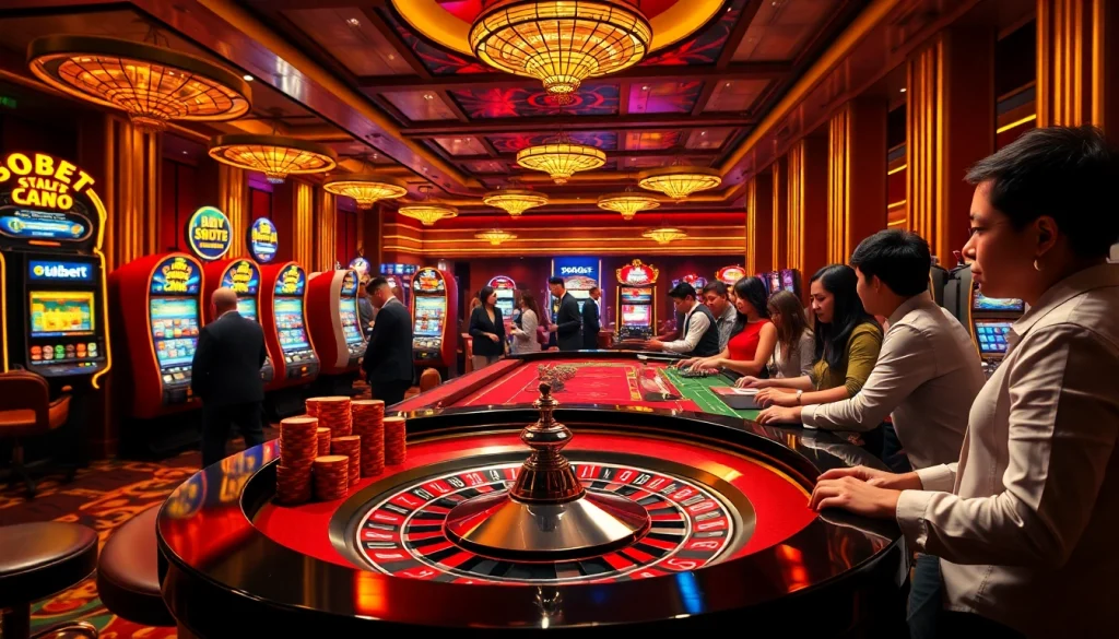 Players enjoying thrilling games with sbobet link alternatif in a luxurious casino atmosphere