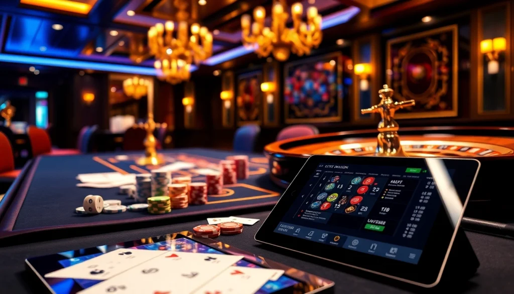 Experience the thrill of gambling at nhà cái vua99 with a luxurious casino scene filled with cards and chips.