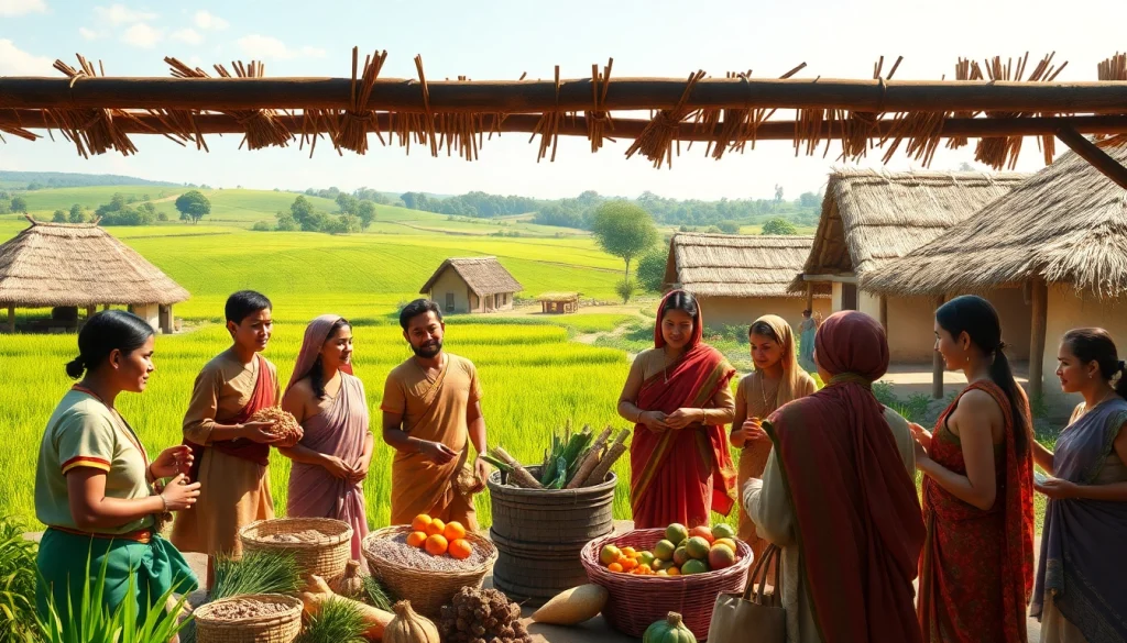 Understanding traditional economy definition simple with a vibrant barter scene in a rustic village.