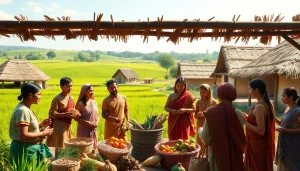 Understanding traditional economy definition simple with a vibrant barter scene in a rustic village.