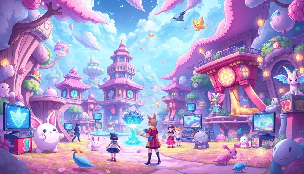 Engaging scene from a hentai game featuring colorful anime characters and a vibrant fantasy landscape.