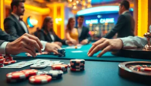 Engaging scene of cs2 gambling sites reddit with colorful chips and cards at a lively casino table.