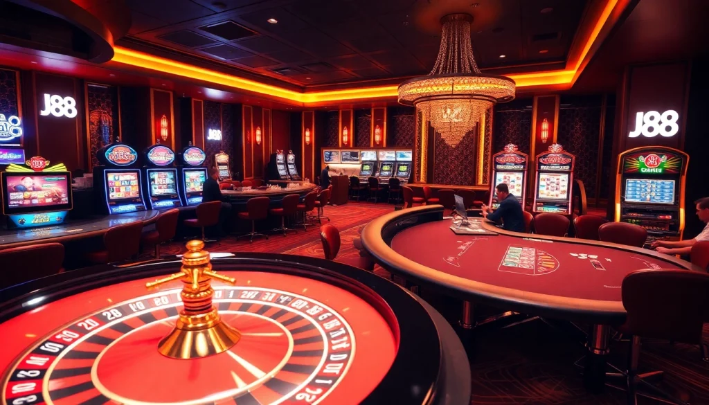 Gamble on the thrilling atmosphere of J88 with players at a roulette table and illuminated slot machines.