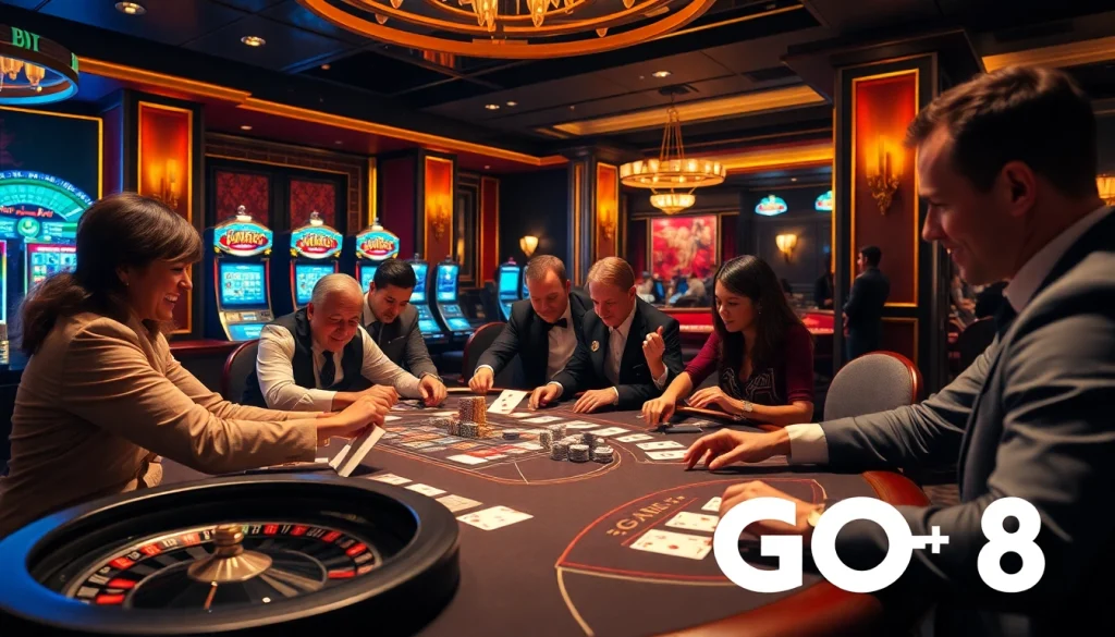 A player enjoying an exciting game at the GO8 casino table, surrounded by enthusiastic gamblers and luxury decor.