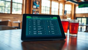 Interactive tablet displaying โปรแกรมบอล stats in a vibrant sports bar setting.