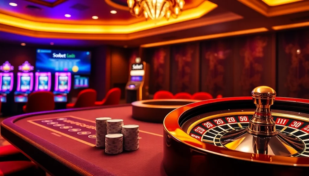 Experience sbobet login at an upscale casino with vibrant slot machines and a roulette wheel.