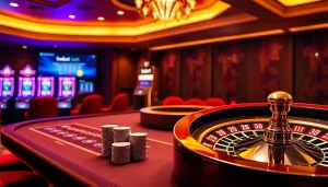 Experience sbobet login at an upscale casino with vibrant slot machines and a roulette wheel.