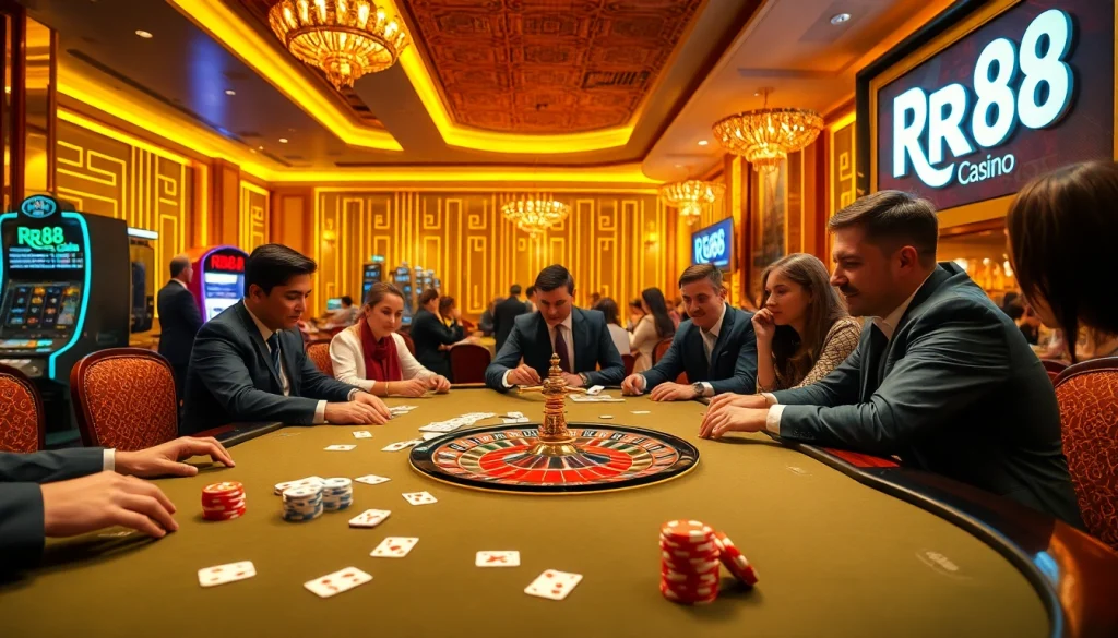 Players engaging in strategy with an RR88-themed casino table full of excitement and anticipation.