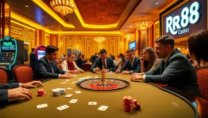 Players engaging in strategy with an RR88-themed casino table full of excitement and anticipation.