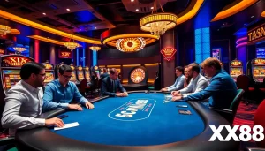 Engaging players at a poker table in the luxurious XX88 casino atmosphere.