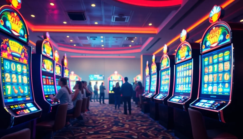 Menampilkan suasana permainan slot depo 1000 yang energik di kasino dengan pemain yang berbahagia.