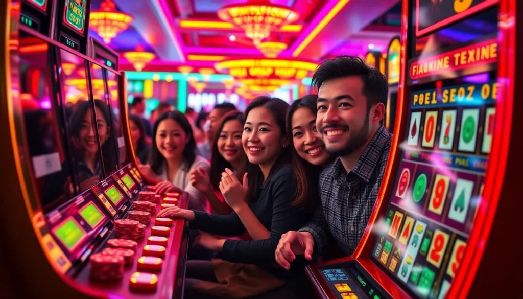 Experience the thrill of mahjong slot demo gaming with excited players at a vibrant casino.