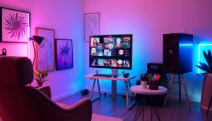 Immersive NSFW AI workspace with modern technology and creative ambiance