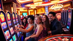 An exciting casino scene highlighting players enjoying nổ hũ slots with vibrant designs and luxurious decor.