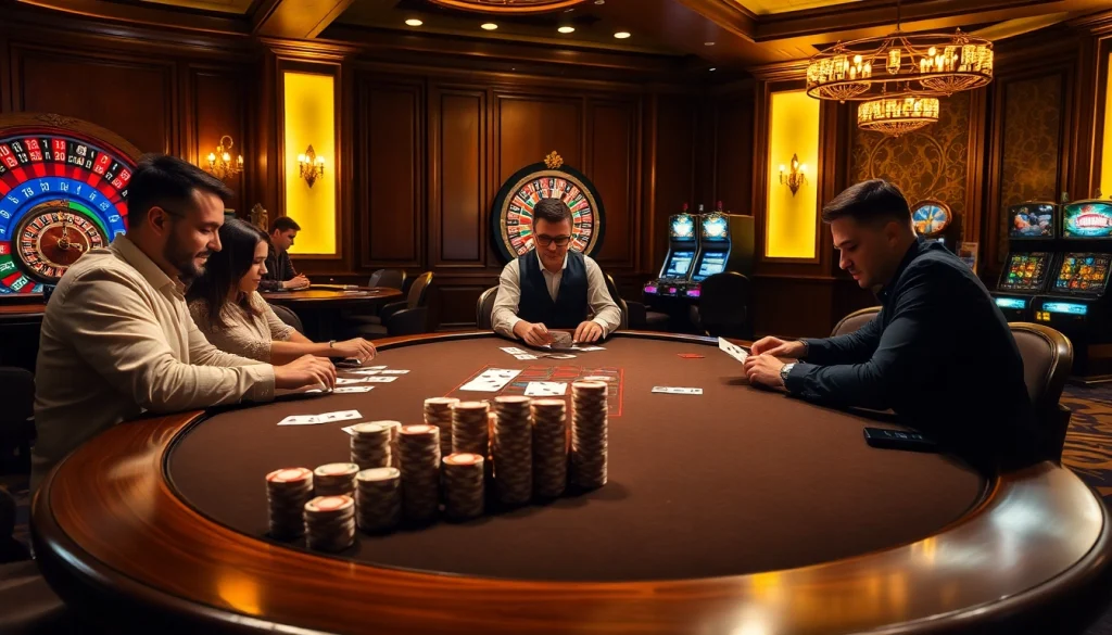 Engaged players at a 7upbet poker table, showcasing luxury and excitement in casino gaming.