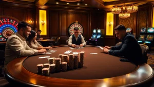 Engaged players at a 7upbet poker table, showcasing luxury and excitement in casino gaming.