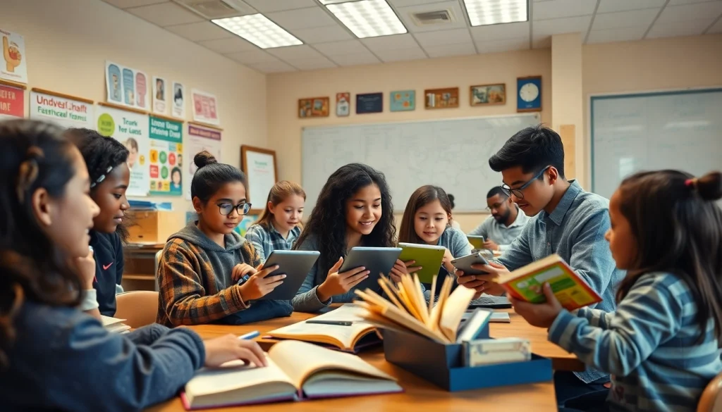 Engaged students collaborating on education projects in a modern classroom.