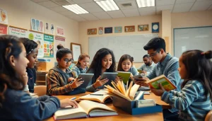 Engaged students collaborating on education projects in a modern classroom.