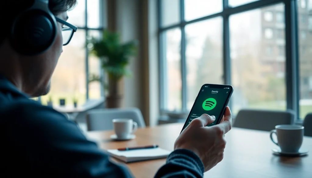Person enjoying the Spotify mod app on a smartphone in a modern workspace.